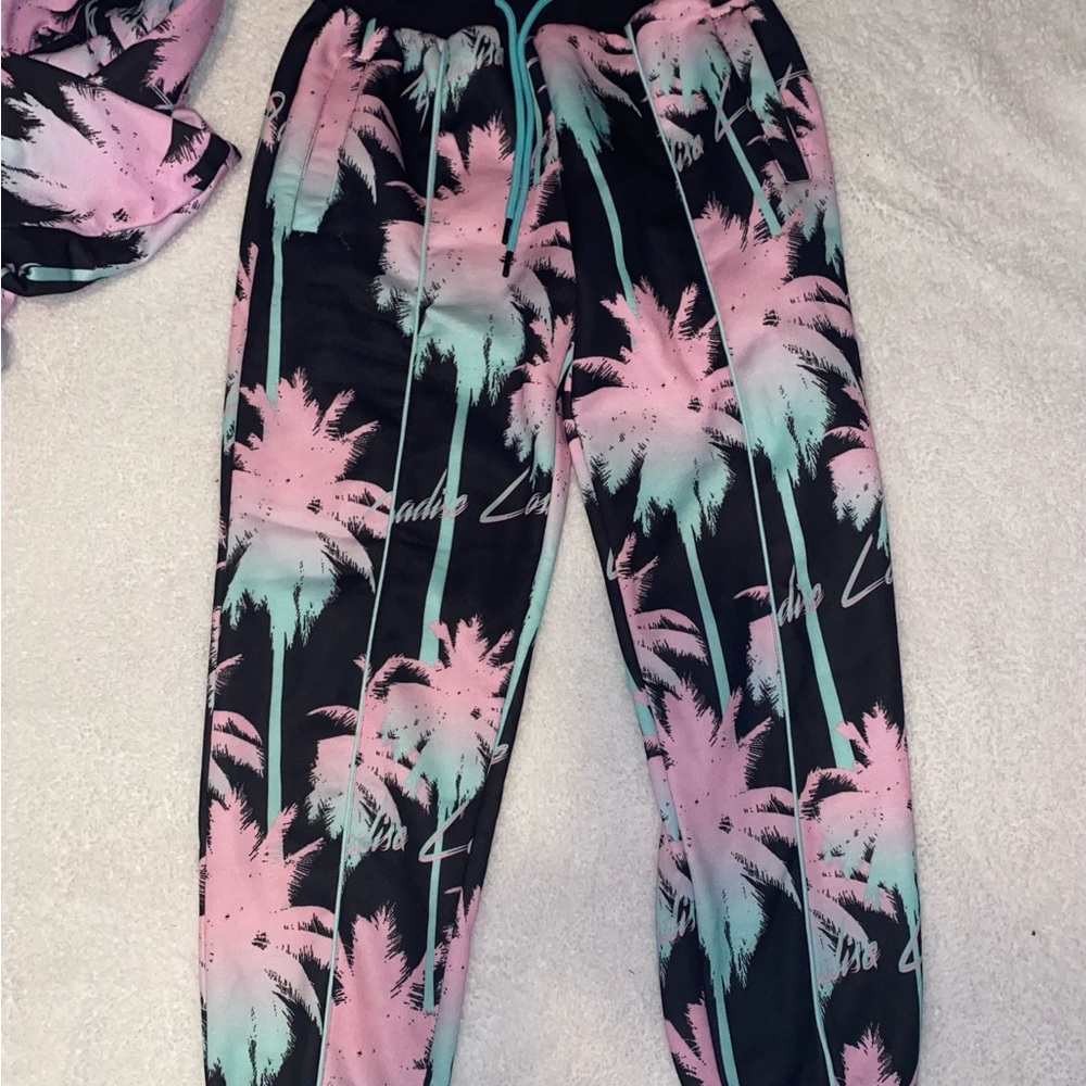 Paradise Lost 2 piece jogger set with hoodie. Pink palm trees. - Picture 4 of 7